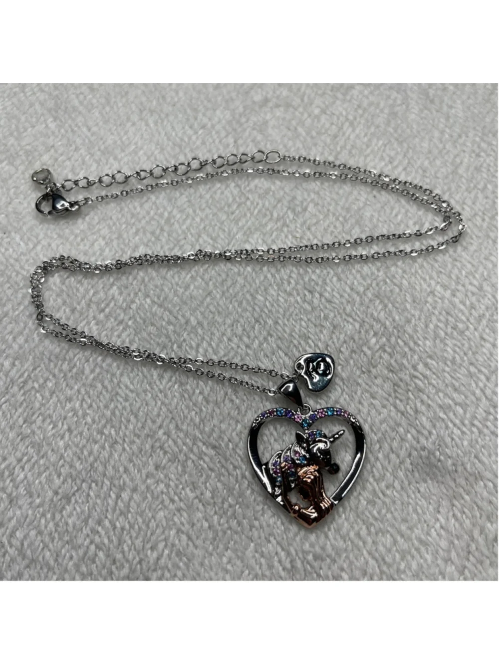 Silver Unicorn Heart Necklace 11” chain B initial